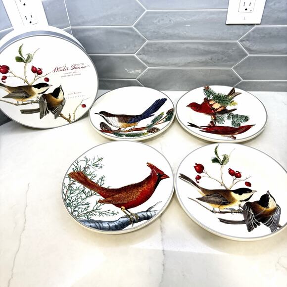 Pottery Barn Winter Fauna Birds Salad Plates Set of 4 NIB Christmas Holiday